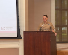 Captain Anja Dabelić, director of Naval Medical Center Camp Lejeune, provides remarks at NMCCL's Annual Research Symposium. The event held on April 16, 2026, is in its 16th year of showcasing academic endeavors of medical and dental personnel, both military and civilian throughout Eastern and Coastal North Carolina.