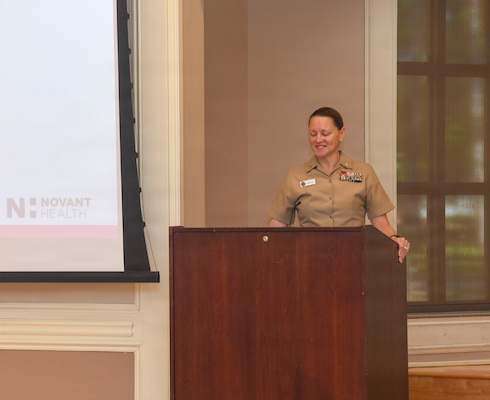 Captain Anja Dabelić, director of Naval Medical Center Camp Lejeune, provides remarks at NMCCL's Annual Research Symposium. The event held on April 16, 2026, is in its 16th year of showcasing academic endeavors of medical and dental personnel, both military and civilian throughout Eastern and Coastal North Carolina.