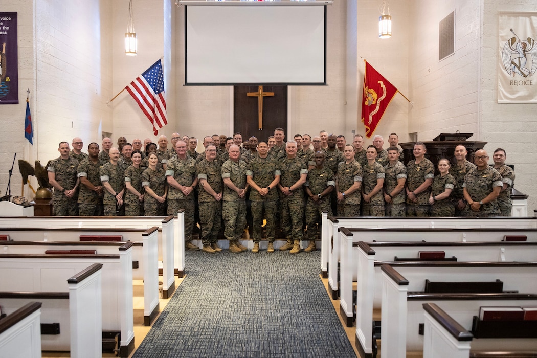 U.S. Marine Corps Sgt. Maj. Carlos A. Ruiz, the 20th Sergeant Major of the Marine Corps, hosts a chaplain town hall, Marine Corps Base Camp Lejeune, North Carolina, April 14, 2026. In line with his priorities, Ruiz hosted all chaplains assigned to the east coast in order to facilitate open dialogue regarding spiritual fitness. (U.S. Marine Corps photo by GySgt Jordan E. Gilbert)