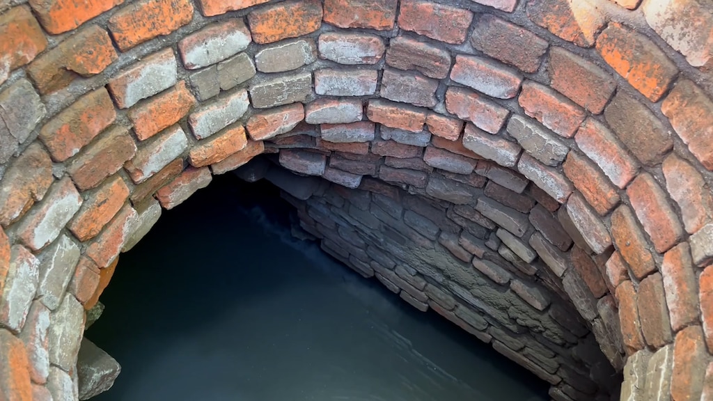An arc of bricks with stagnat water at the bottom of the image.