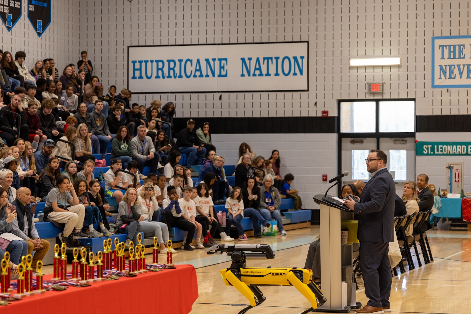 Dr. Shane Wines, an Albert Einstein Distinguished Educator Fellow at Naval Surface Warfare Center Carderock, speaks to over 200 students during the Calvert County Mathematics, Engineering, Science Achievement (MESA) Day at Huntingtown High School.