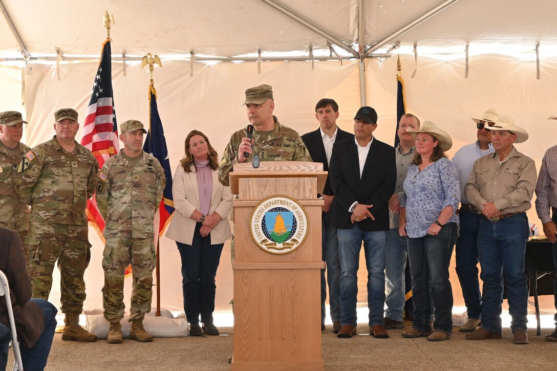 U.S. Army Corps of Engineers Commander Lt. Gen. William “Butch” Graham Jr. addresses those in attendance for a groundbreaking ceremony for the New World Screwworm Sterile Fly Production Facility. The ceremony, held under clear South Texas skies at Moore Air Base, marked the beginning of construction on the state-of-the-art facility designed to produce sterile screwworm flies as part of a proven biological control program for the U.S. Department of Agriculture’s Animal and Plant Health Inspection Service. The new facility will be constructed by Mortenson of Minneapolis, Minnesota, at a total project cost of $610 million. Once complete and fully operational, it will significantly enhance the nation’s ability to respond rapidly to any potential outbreak by producing and distributing approximately 300 million sterile flies per week to interrupt the pest’s reproductive cycle.