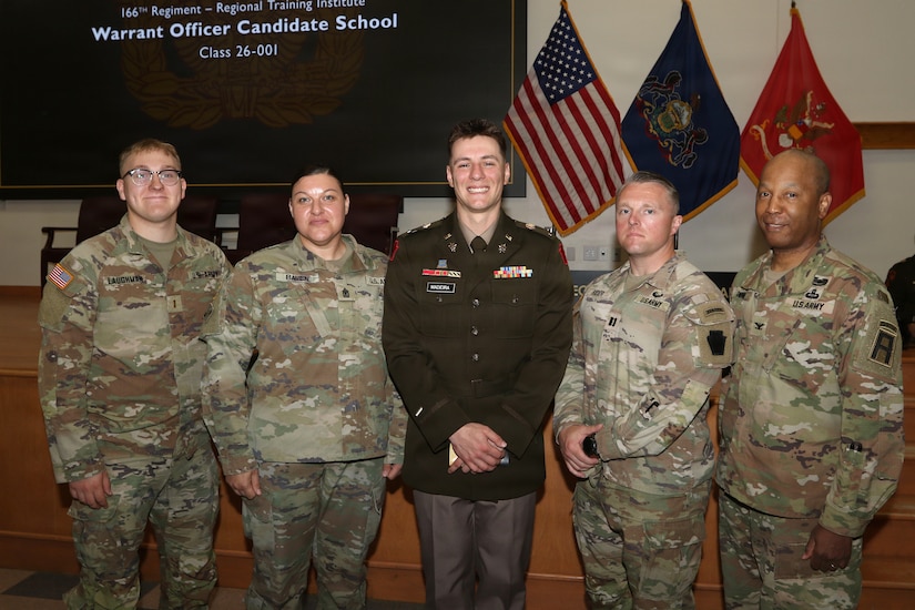 U.S. Army Warrant Officer Candidate School Class 26-001, conducted by the 166th Regiment – Regional Training Institute, graduated 15 Pennsylvania Army National Guard Soldiers at Fort Indiantown Gap, Pennsylvania April 17, 2026, at the conclusion of the training course. Of the 15 graduates, nine were appointed to the rank of Warrant Officer 1, while six received certificates of eligibility pending assignment to warrant officer positions in the future. The graduation marks a continuation of the Pennsylvania Army National Guard’s warrant officer development pipeline. (U.S. Army National Guard photo by Sgt. 1st Class Shane Smith)