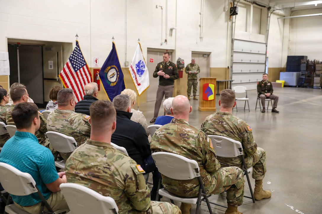U.S. Army Col. Robert Andersen, commander of the 138th Operational Fires Command, delivers remarks during Staff Sgt. Elijah Johnson's appointment to warrant officer at the armory in Lexington, Kentucky, Feb. 10, 2026.