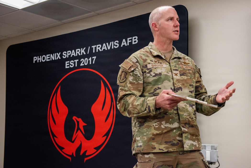 Wing commander delivers remarks during event