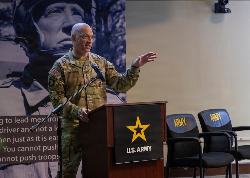 Lt. Gen. Johnny K. Davis, commanding general of U.S. Army Recruiting Command, delivers opening remarks during the USAREC Senior Leader Forum at the Patton Museum, Fort Knox, Kentucky, April 16, 2026. The forum was an opportunity for senior leaders from across USAREC to discuss the expansion of the command's mission to include every facet of the Army's Force Generation Pipeline, from first contact to first unit of assignment.