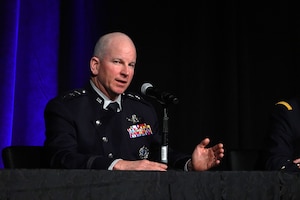 U.S. Space Force Lt. Gen. Dennis Bythewood, U.S. Space Forces–Space commander and Combined Joint Force Space Component commander, speaks during the “Space Ops Theater Perspective” panel at the Space Symposium in Colorado Springs, Colo., April 15, 2026. On the panel, Bythewood emphasized that operating in a vast, increasingly contested space domain requires seamless integration with global Allies to counter growing threats and maintain space superiority for the Joint Force. (U.S. Space Force photo by Capt. Cameron Silver)
