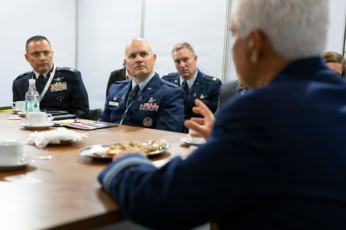 U.S. Space Force Col. Brandon Alford, U.S. Space Forces Southern commander, center, and Col. John Kolb, U.S. Southern Command Joint Integrated Space Team director, left, meet with the Chilean air force Space Director during the Feria Internacional del Aire y del Espacio (FIDAE) 2026 in Santiago, Chile, April 8, 2026. The United States continues to invest in advanced air and space technologies to maintain a competitive edge. (U.S. Air Force photo by Tech. Sgt. Rachel Maxwell)