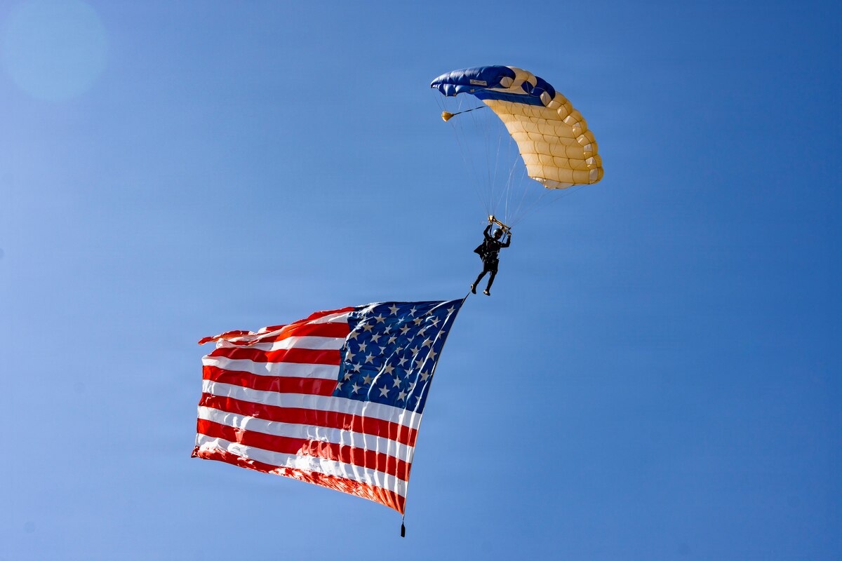 U.S. Air Force Academy Cadet Carter Beswick, a Wings of Blue parachutist, maneuvers during a demonstration jump at Feria Internacional del Aire y del Espacio (FIDAE) 2026 in Santiago, Chile, April 11, 2026. The Wings of Blue team represents the next generation of Air Force leaders, showcasing discipline and skill while strengthening international partnerships through engagement at premier events like FIDAE. (U.S. Air Force photo by Andrea Jenkins)