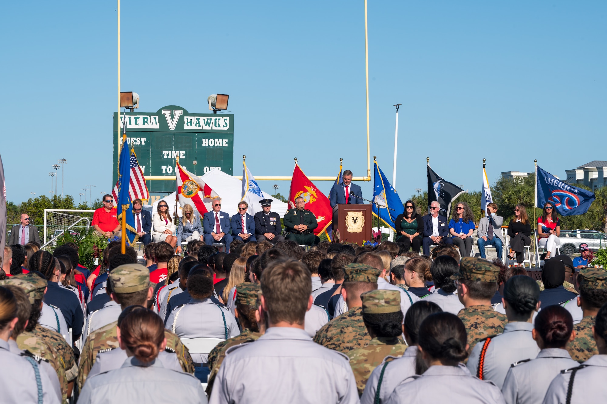 Matt Susin, Bevard Public Schools Board Chair and District 4 representative, provides background before introducing U.S. Space Force Col. Brian Chatman, Space Launch Delta 45 commander, to administer the oath of enlistment to more than 250 enlistees during the 2026 Enlistment Ceremony of the Space Coast at Viera High School in Melbourne, Fla., April 17, 2026. The oath administered mirrors the one used by George Washington in 1776, continuing a 250-year tradition of military service. (U.S. Space Force photo by Gwendolyn Kurzen)