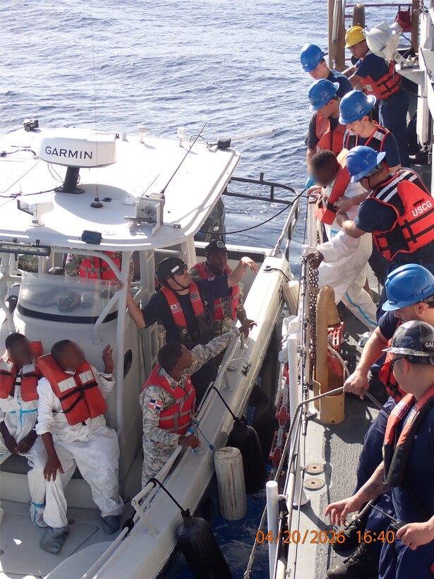 Coast Guard Cutter Joseph Tezanos rendezvous with two Dominican Republic Navy patrol vessels and repatriates 21 migrants off Punta Cana, Dominican Republic, April 20, 2026. Coast Guard Cutter Joseph Tezanos and a U.S. Customs and Border Protection aircrew interdicted an unlawful migration vessel with 22 people in Mona Passage waters off Aguadilla, Puerto Rico, April 19, 2026. (U.S. Coast Guard photo)