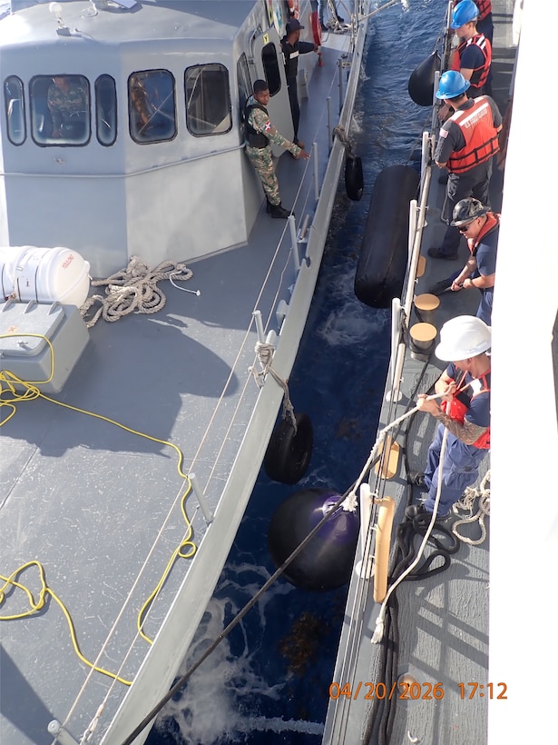Coast Guard Cutter Joseph Tezanos rendezvous with two Dominican Republic Navy patrol vessels and repatriates 21 migrants off Punta Cana, Dominican Republic, April 20, 2026. Coast Guard Cutter Joseph Tezanos and a U.S. Customs and Border Protection aircrew interdicted an unlawful migration vessel with 22 people in Mona Passage waters off Aguadilla, Puerto Rico, April 19, 2026. (U.S. Coast Guard photo)
