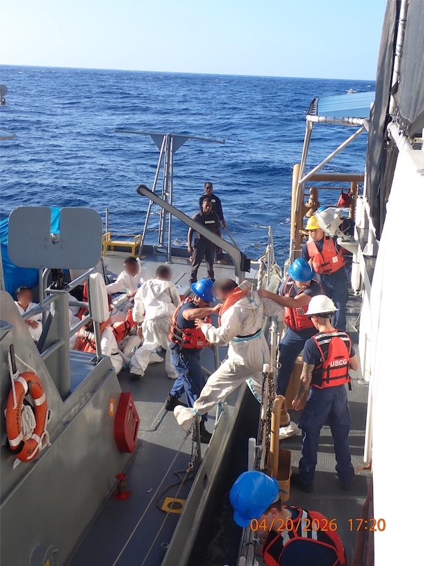 Coast Guard Cutter Joseph Tezanos rendezvous with two Dominican Republic Navy patrol vessels and repatriates 21 migrants off Punta Cana, Dominican Republic, April 20, 2026. Coast Guard Cutter Joseph Tezanos and a U.S. Customs and Border Protection aircrew interdicted an unlawful migration vessel with 22 people in Mona Passage waters off Aguadilla, Puerto Rico, April 19, 2026. (U.S. Coast Guard photo)
