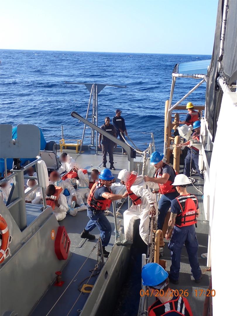 Coast Guard Cutter Joseph Tezanos rendezvous with two Dominican Republic Navy patrol vessels and repatriates 21 migrants off Punta Cana, Dominican Republic, April 20, 2026. Coast Guard Cutter Joseph Tezanos and a U.S. Customs and Border Protection aircrew interdicted an unlawful migration vessel with 22 people in Mona Passage waters off Aguadilla, Puerto Rico, April 19, 2026. (U.S. Coast Guard photo)