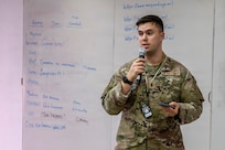 U.S. Air Force 2nd Lt. Christopher Bishop, 131st Bomb Wing public affairs officer, Missouri Air National Guard, delivers a presentation on best practices for releasing visual information during a three-day subject matter expert exchange in Panama City, Feb. 25, 2026. The public affairs-focused exchange aimed to strengthen communication capabilities for organizations within both the Missouri National Guard and Missouri’s partner nation, Panama. (U.S. Air National Guard photo by Master Sgt. Stephanie Mundwiller)