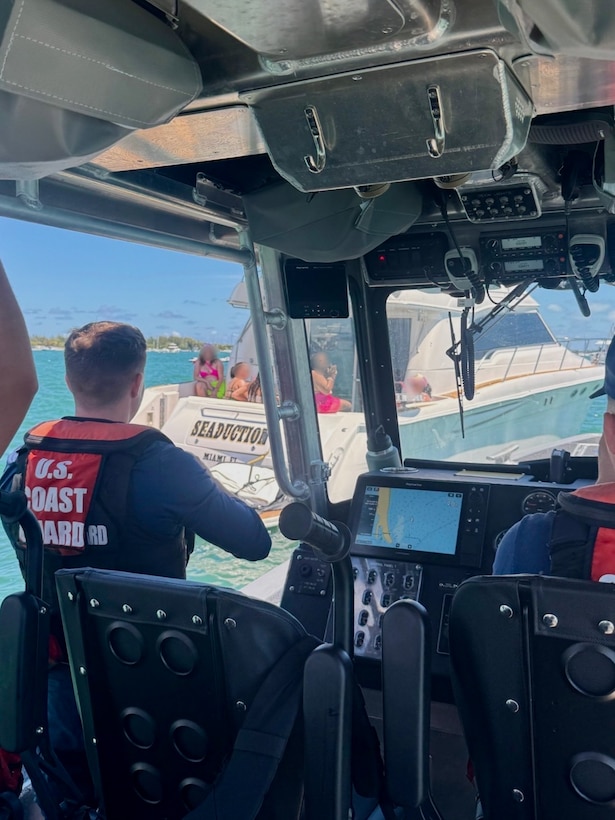A Coast Guard Station Miami Beach law enforcement crew terminated an illegal charter voyage of an illegal passenger-for-hire operation near Rickenbacker Causeway, Florida, April 19, 2026. The owner of the 48-foot cabin cruiser, Seaduction, was determined to be in violation of an active federal Captain of the Port Order issued April 10, 2025. (U.S. Coast Guard photo)