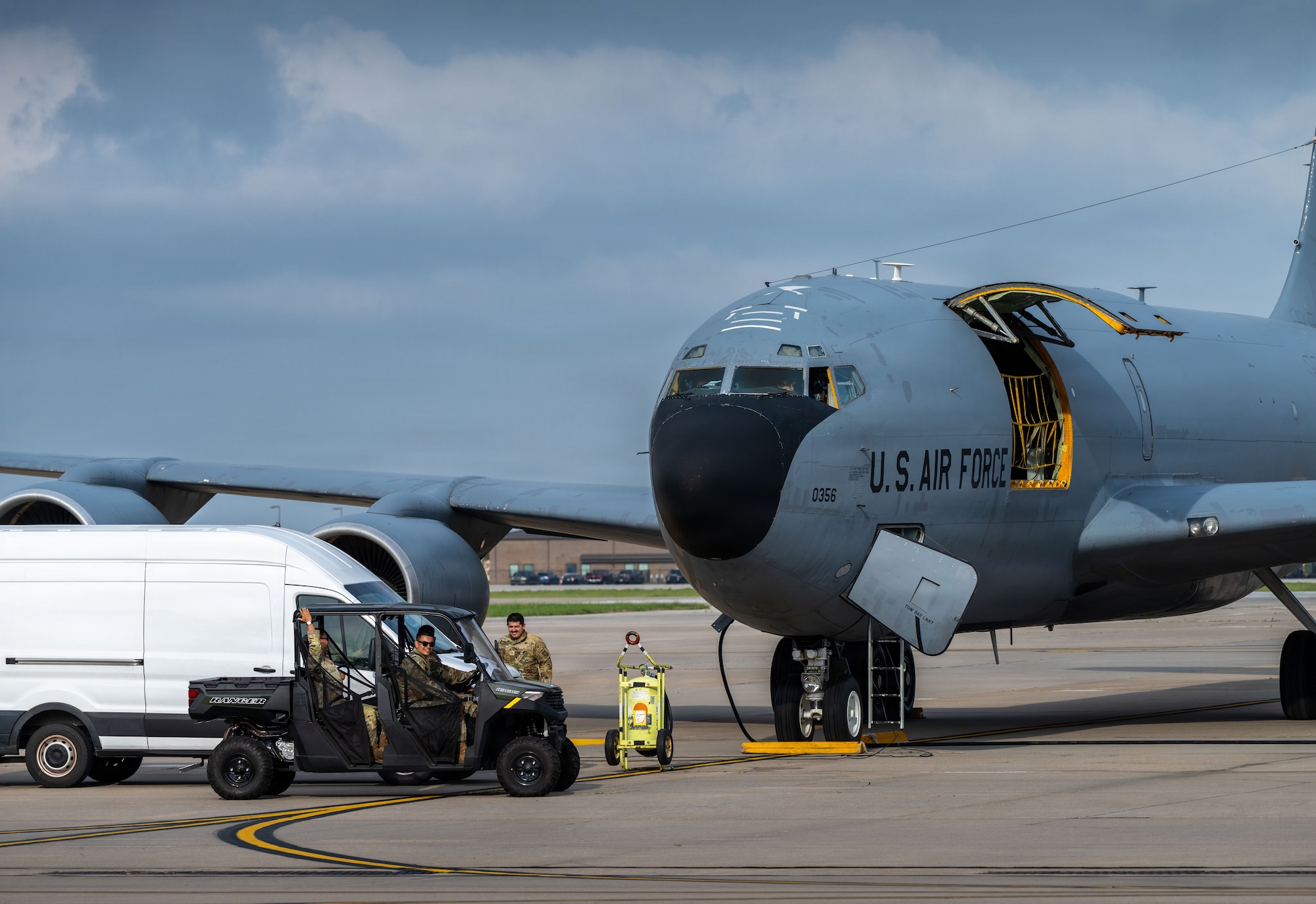 Team McConnell conducts weather relocation procedures at McConnell Air Force Base, Kansas, April 17, 2026. To protect assets and maintain readiness, the 22nd and 931st Air Refueling Wings temporarily relocated aircraft and ground equipment due to a severe weather forecast and continued performing tasked missions off-station. (U.S. Air Force photo by Senior Airman Paula Arce)
