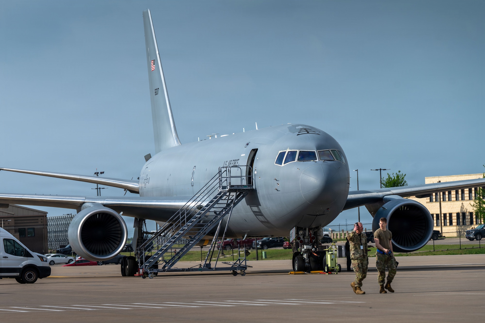 Team McConnell conducts weather relocation procedures at McConnell Air Force Base, Kansas, April 17, 2026. To protect assets and maintain readiness, the 22nd and 931st Air Refueling Wings temporarily relocated aircraft and ground equipment due to a severe weather forecast and continued performing tasked missions off-station. (U.S. Air Force photo by Senior Airman Paula Arce)