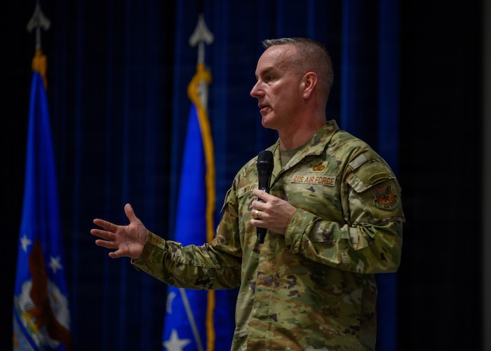 Chief Master Sgt. of the Air Force David Wolfe answers questions during the question-and-answer section of an all call at Maxwel Air Force Base, Alabama, April 14, 2026.