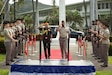 U.S. Army Gen. Ronald P. Clark, United States Army Pacific Commanding general, and Indian Army, Gen. Upendra Dwivedi, Chief of the Army Staff, march up to the podium during the honor ceremony at the historic Palm circle, Fort Shafter, Hawaii, April 20, 2026.
