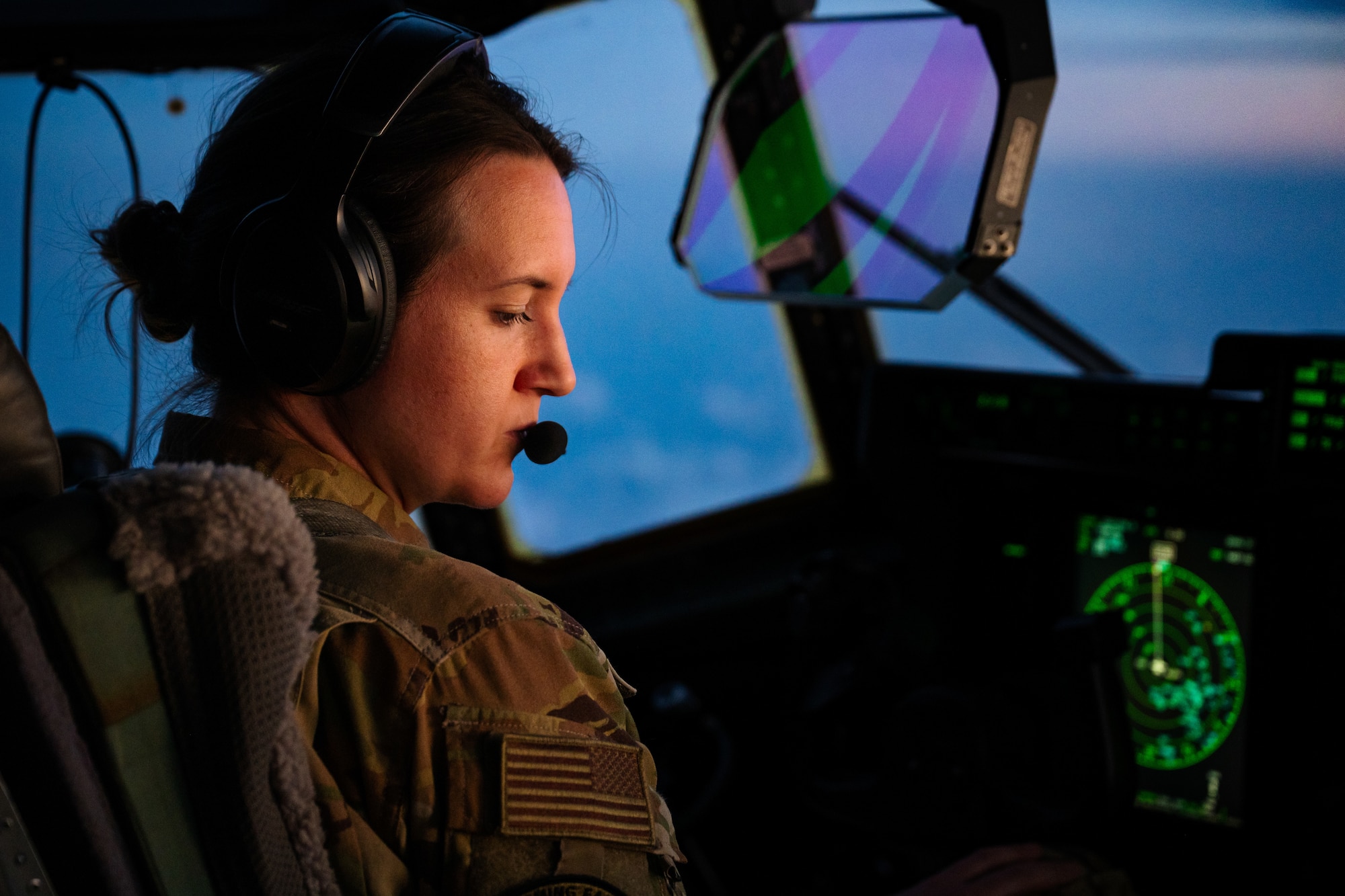 U.S. Air Force Capt. Madeleine Knapp, 40th Airlift Squadron pilot, monitors flight controls aboard a C-130J Super Hercules aircraft during a Maximum Endurance Operation over the Philippines near Clark Air Base, in support of Exercise Balikatan 2026, April 17, 2026. Balikatan is a longstanding annual exercise between the Armed Forces of the Philippines and U.S. military designed to strengthen our ironclad alliance, improve our capable combined force, and demonstrate our commitment to regional security and stability. (U.S. Air Force photo by Senior Airman Jade M. Caldwell)
