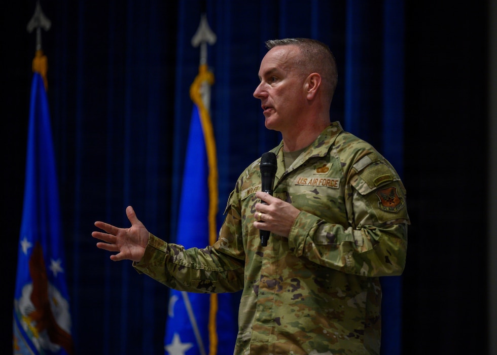 Chief Master Sgt. of the Air Force David Wolfe answers questions during the question-and-answer section of an all call at Maxwel Air Force Base, Alabama, April 14, 2026.