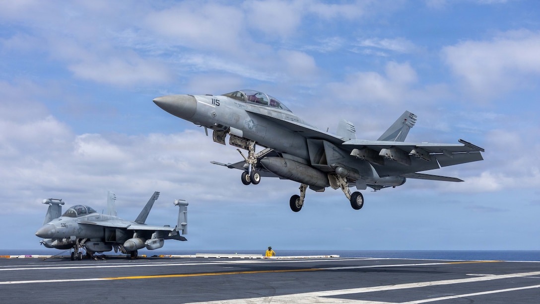 PACIFIC OCEAN (April 18, 2026) –An F/A-18F Super Hornet, assigned to Strike Fighter Squadron (VFA) 154, lands on the flight deck of the Nimitz-class aircraft carrier USS Theodore Roosevelt (CVN 71), April 18, 2026.