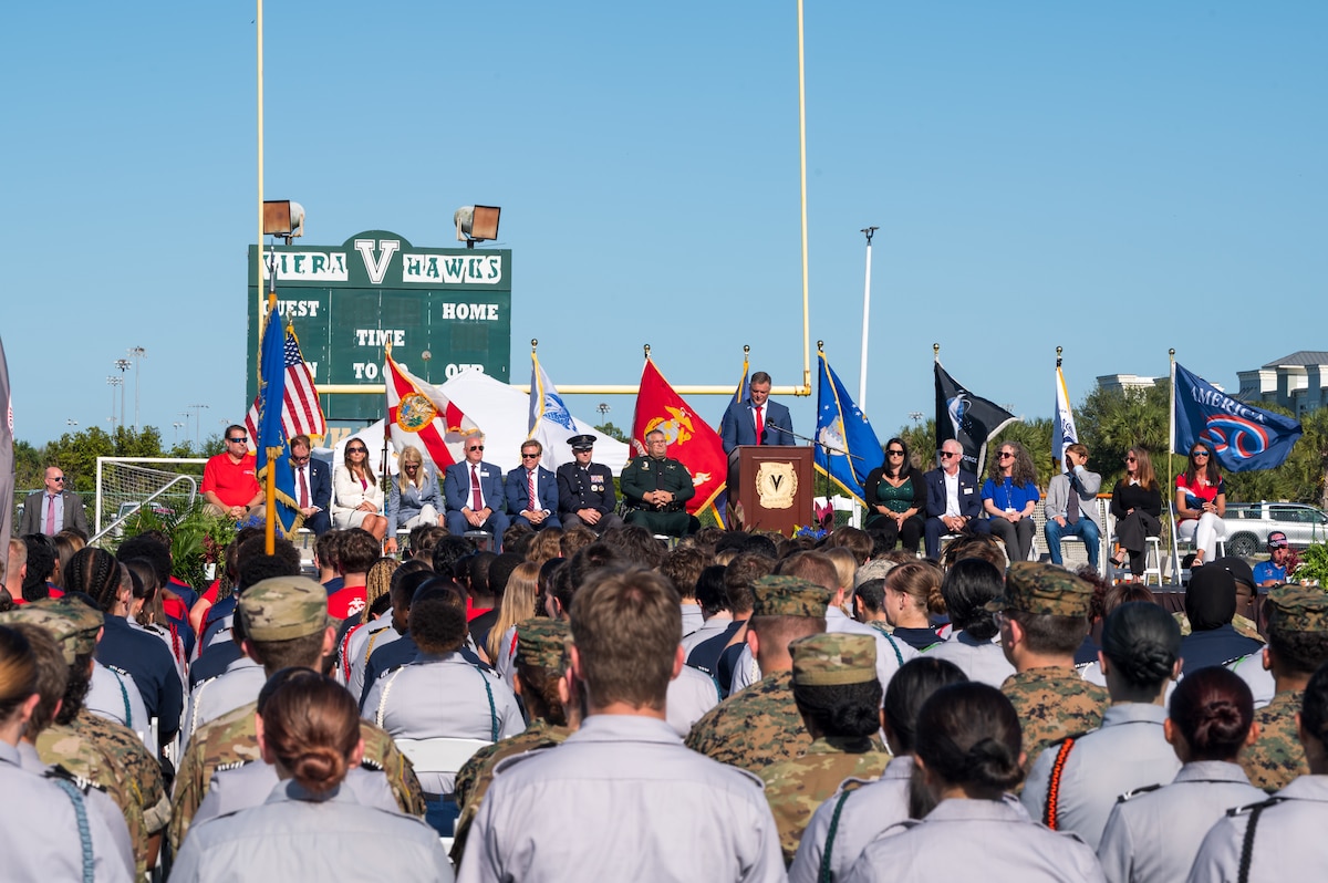 Matt Susin, Bevard Public Schools Board Chair and District 4 representative, provides background before introducing U.S. Space Force Col. Brian Chatman, Space Launch Delta 45 commander, to administer the oath of enlistment to more than 250 enlistees during the 2026 Enlistment Ceremony of the Space Coast at Viera High School in Melbourne, Fla., April 17, 2026. The oath administered mirrors the one used by George Washington in 1776, continuing a 250-year tradition of military service. (U.S. Space Force photo by Gwendolyn Kurzen)