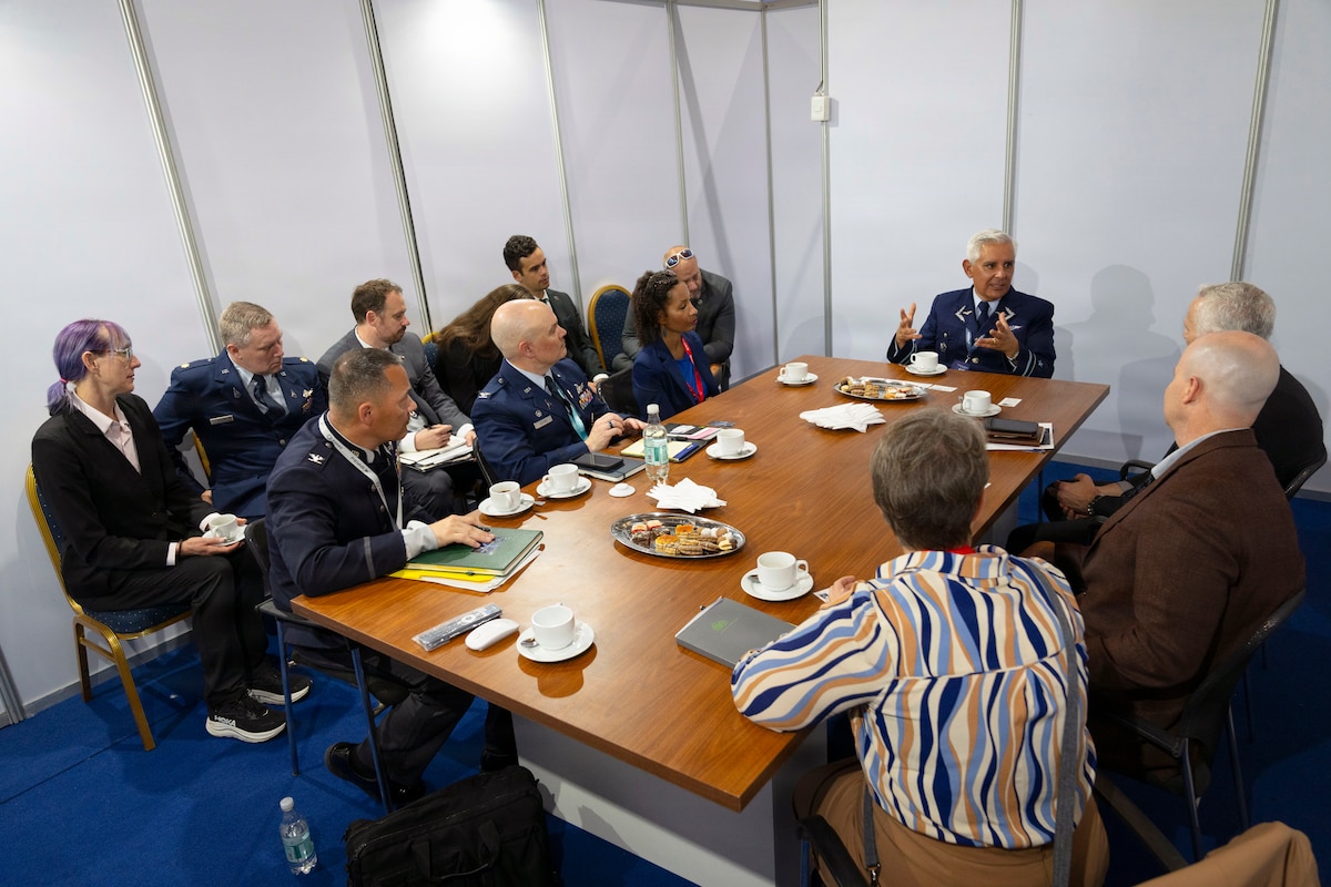 U.S. Space Force and government officials meet with Chilean air force Brig. Gen. Christian Stuardo, space director, during the Feria Internacional del Aire y del Espacio (FIDAE) 2026 in Santiago, Chile, April 8, 2026. FIDAE is one of the largest air and space defense exhibitions in Latin America, bringing together military leaders, industry partners, and aviation professionals from around the world. (U.S. Air Force photo by Tech. Sgt. Rachel Maxwell)