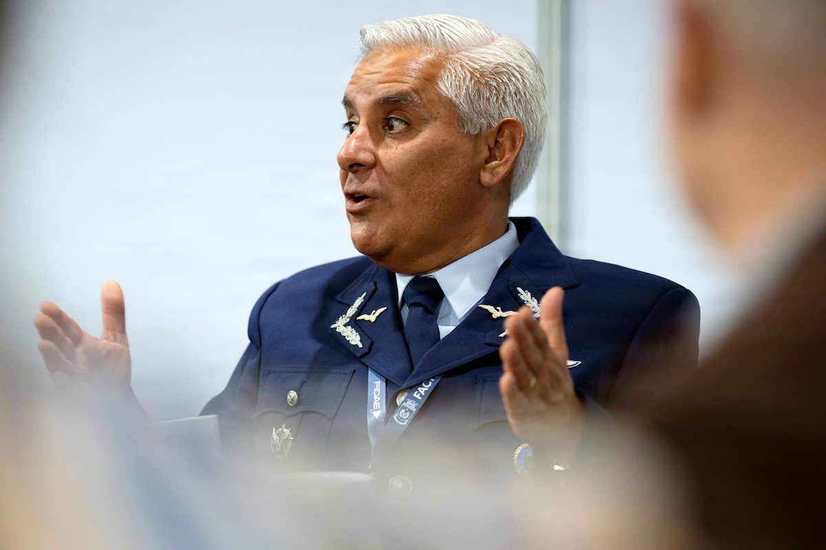 Chilean air force Brig. Gen. Christian Stuardo, space director, provides remarks during a meeting with U.S. Space Force and government officials at the Feria Internacional del Aire y del Espacio (FIDAE) 2026 in Santiago, Chile, April 8, 2026. Key leader exchanges during FIDAE help to strengthen relationships between the United States and regional partners. (U.S. Air Force photo by Tech. Sgt. Rachel Maxwell)