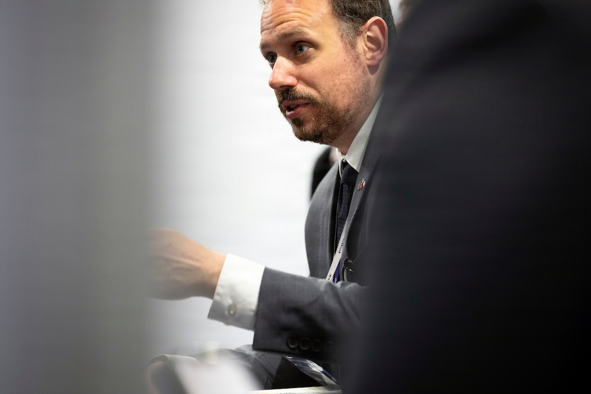 Colin Nordquist, Secretary of the Air Force, International Affairs, provides comments during a meeting with the Chilean air force Space Director at the Feria Internacional del Aire y del Espacio (FIDAE) 2026 in Santiago, Chile, April 8, 2026. Discussions focused on enhancing collaboration to support shared regional security interests. (U.S. Air Force photo by Tech. Sgt. Rachel Maxwell)