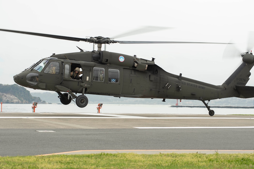 YOKOSUKA, Japan (April 13, 2026) - A U.S. Army UH-60 Black Hawk carrying Adm. Steve Koehler, commander, U.S. Pacific Fleet, lands at Commander, Fleet Activities Yokosuka’s (CFAY) Chess Romeo April 13, 2026. For more than 80 years, CFAY has provided, maintained, and operated base facilities and services in support of the U.S. 7th Fleet's forward-deployed naval forces, tenant commands, and thousands of military and civilian personnel and their families. (U.S. Navy photo by Mass Communication Specialist 2nd Class Quinton A. Lee)