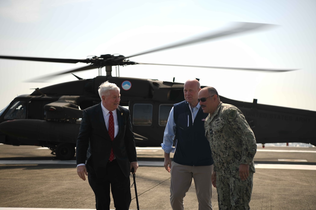 YOKOSUKA, Japan (April 17, 2026) - U.S. Ambassador to Japan, Mr. George Glass greets Capt. Jon Hopkins, Commander, Fleet Activities Yokosuka (CFAY) upon the ambassador's arrival to CFAY. Glass will attend briefings at Commander Destroyer Squadron 15 (COMDESRON 15) and USS George Washington (CVN 73) during his visit. For more than 75 years, CFAY has provided, maintained, and operated base facilities and services in support of the U.S. 7th Fleet’s forward-deployed naval forces, tenant commands, and thousands of military and civilian personnel and their families. (U.S. Navy photo by Mass Communication Specialist 2nd Class Caleb Strong)
