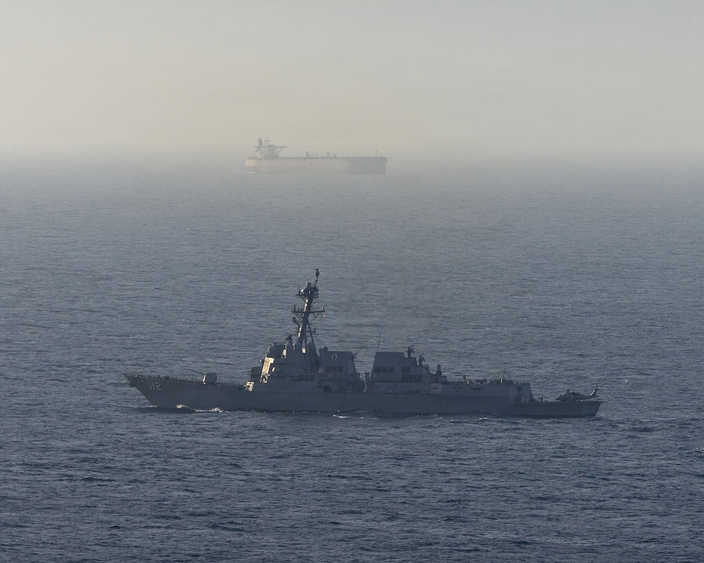Arleigh Burke-class guided-missile destroyer USS Michael Murphy (DDG 115) patrols the Arabian Sea during a maritime blockade against ships entering or exiting Iranian ports and coastal areas, April 15, 2026. Michael Murphy is deployed to the U.S. 5th Fleet area of operations to support maritime security and stability in the Middle East. (U.S. Navy photo)