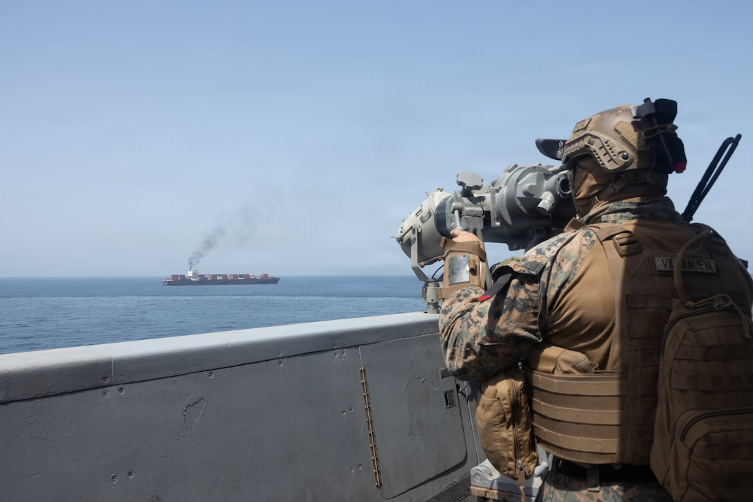 U.S. forces patrol the Arabian Sea near M/V Touska, April 20, 2026, after the Iranian-flagged vessel attempted to violate the U.S. naval blockade. (U.S. Navy photo)