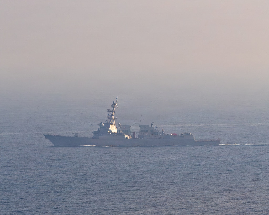 Arleigh Burke-class guided-missile destroyer USS Rafael Peralta (DDG 115) patrols the Arabian Sea during a maritime blockade against ships entering or exiting Iranian ports and coastal areas, April 21, 2026. Rafael Peralta is deployed to the U.S. 5th Fleet area of operations to support maritime security and stability in the Middle East. (U.S. Navy photo)