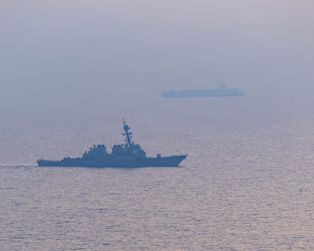 U.S. forces patrol the Arabian Sea near M/V Touska, April 19, 2026, after the Iranian-flagged vessel attempted to violate the U.S. naval blockade. (U.S. Navy photo)
