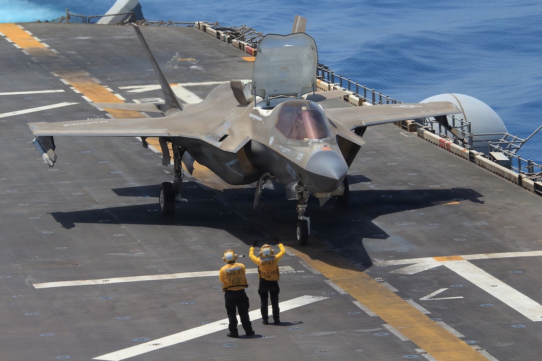 An F-35B Lighting II, attached to Marine Fighter Attack Squadron (VMFA) 121, prepares to take off from the flight deck of America-class amphibious assault ship USS Tripoli (LHA 7) April 17, 2026. (U.S. Navy photo)