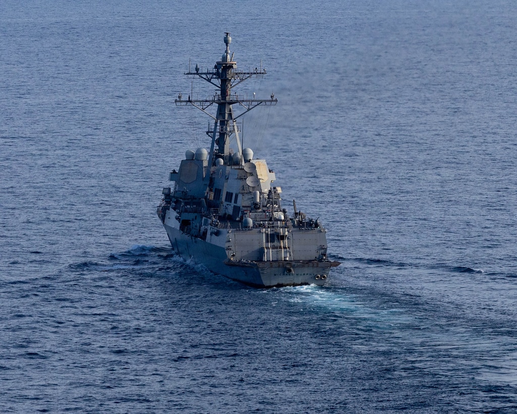 Arleigh Burke-class guided-missile destroyer USS Michael Murphy (DDG 112) patrols the Arabian Sea during a maritime blockade against ships entering or exiting Iranian ports and coastal areas, April 17, 2026. (U.S. Navy photo)