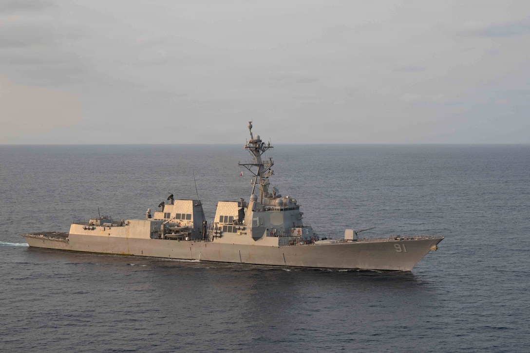 Arleigh Burke-class guided-missile destroyer USS Pinckney (DDG 91) conducts blockade operations, April 17, 2026. Pinckney is deployed to the U.S. 5th Fleet area of operations to support maritime security and stability in the Middle East. (U.S. Navy photo)