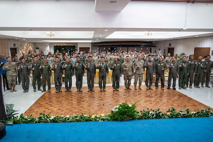 Exercise Cope Thunder 26-1 participants pose for a group photo after the opening ceremony at Clark Air Base, Philippines, April 6, 2026.