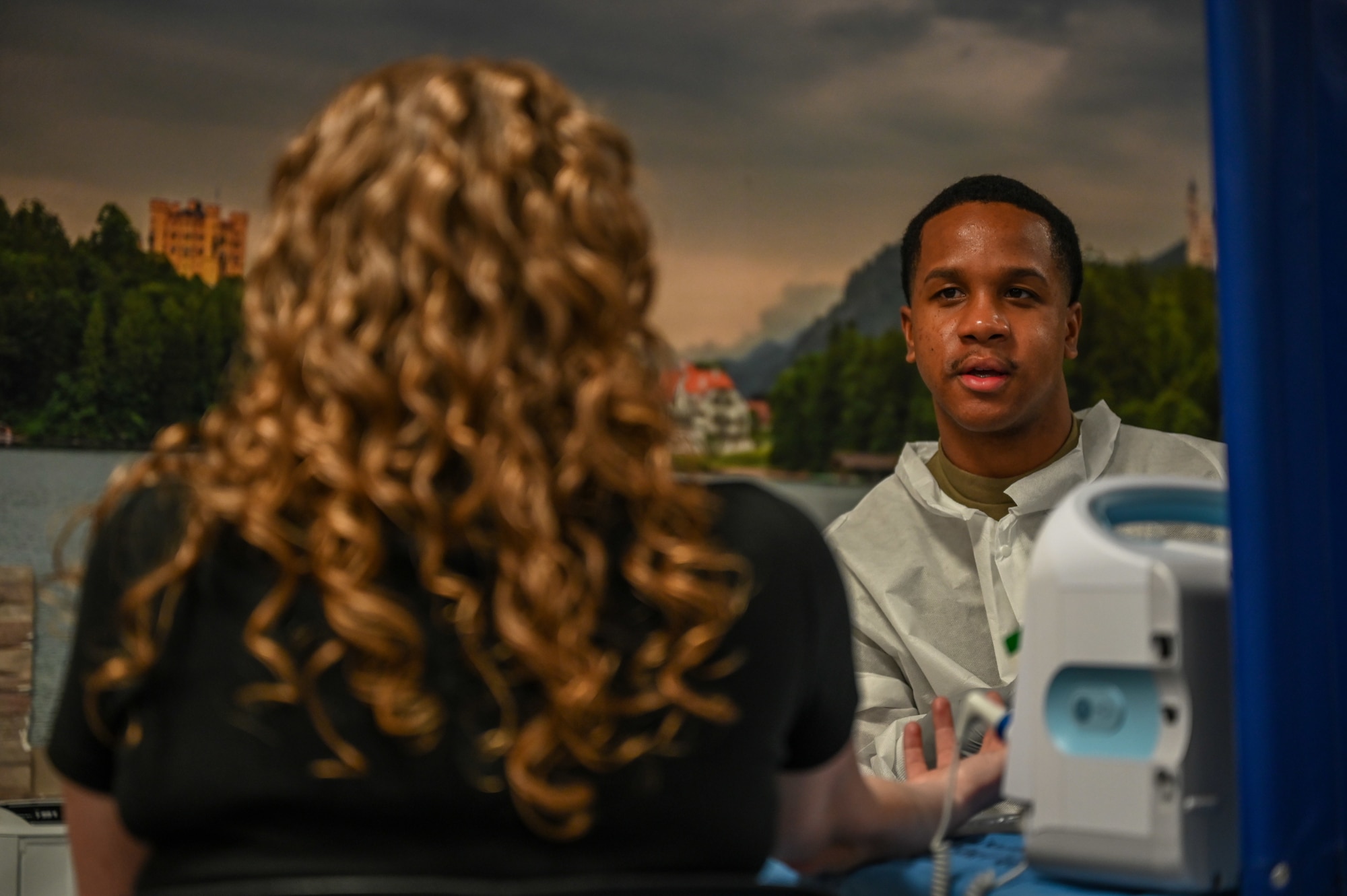 U.S. Army Sgt. Joshua Simpson, 62d Medical Brigade medical laboratory specialist, checks a patient's blood pressure during a blood drive at Ramstein Air Base, Germany, April 20, 2026.