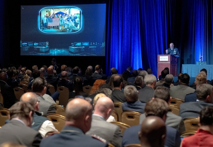 Maj. Gen. Stephen Purdy, Senior Advisor to the Secretary of the Air Force for Space Acquisition, gives a keynote address at the 41st Annual Space Symposium in Colorado Springs, Colo., April 15, 2026.