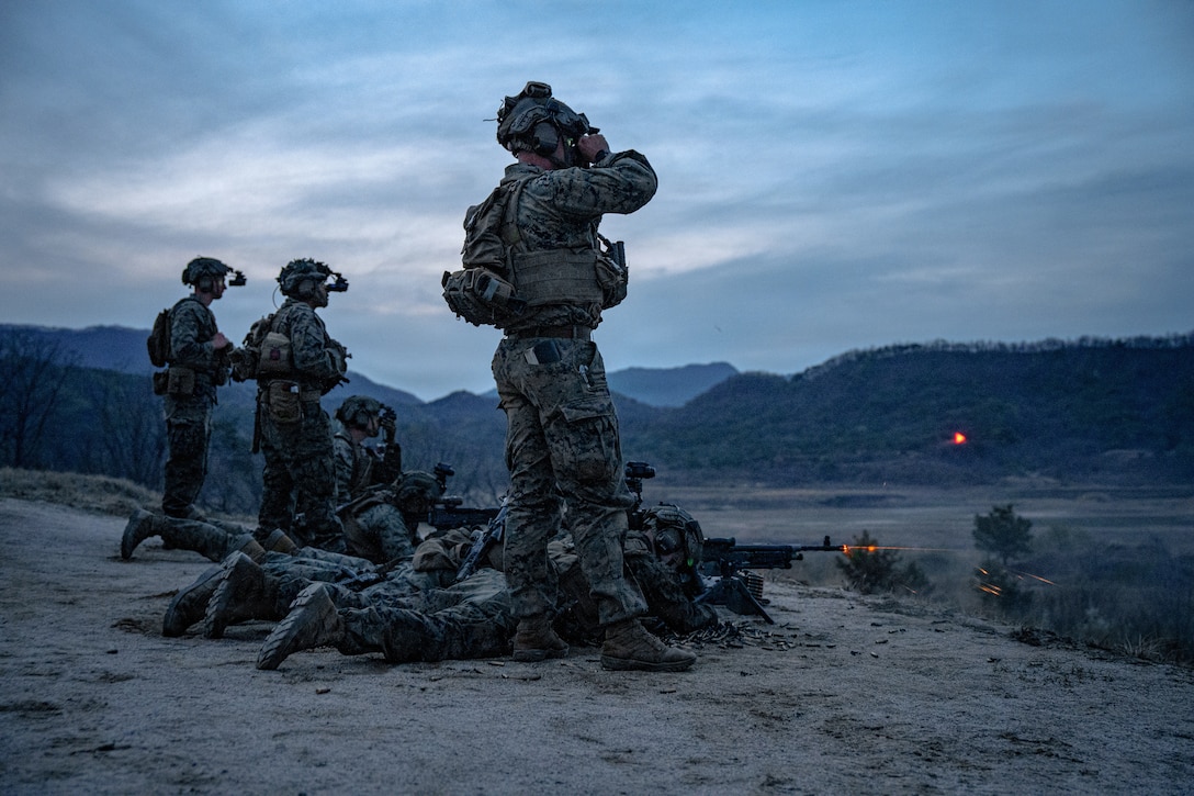 U.S. Marines with 2nd Battalion, 8th Marine Regiment, currently forward deployed with 4th Marine Regiment, 3rd Marine Division as part of the Unit Deployment Program, fire an M240B machine guns on Rodriguez Live Fire Training Complex, Pocheon, South Korea, April 13, 2026. This range allowed Marines to reinforce their machine gun and grenade launcher marksmanship skills, increasing their ability to employ them safely, accurately, and effectively while contributing to the unit’s overall lethality and readiness to deploy at a moment’s notice. (U.S. Marine Corps photo Cpl. Joaquin Dela Torre)