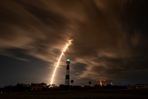 A Falcon 9 rocket carrying the GPS III-8 mission successfully launches from Space Launch Complex 40 at Cape Canaveral Space Force Station, Florida.