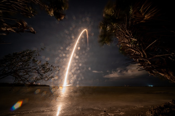 A Falcon 9 rocket carrying the GPS III-8 mission successfully launches from Space Launch Complex 40 at Cape Canaveral Space Force Station, Florida.