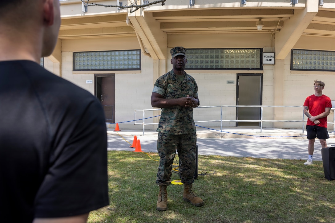 U.S. Marine Corps Sgt. Maj. Wesley O. Turner II, senior enlisted leader, Marine Corps Installations East-Marine Corps Base (MCIEAST-MCB) Camp Lejeune, speaks on the work ethic and customer service compliments received for Marines and civilians with the MCIEAST Regional Personnel Administration Center, after an award ceremony at MCB Camp Lejeune, North Carolina, April 16, 2026. MCIEAST RPAC won this award for its efficient and accurate administrative, pay, and reporting support across multiple installations, ensuring that Marines' records were properly maintained and they remained ready for worldwide deployment. (U.S. Marine Corps photo by Cpl. Jessica J. Mazzamuto)
