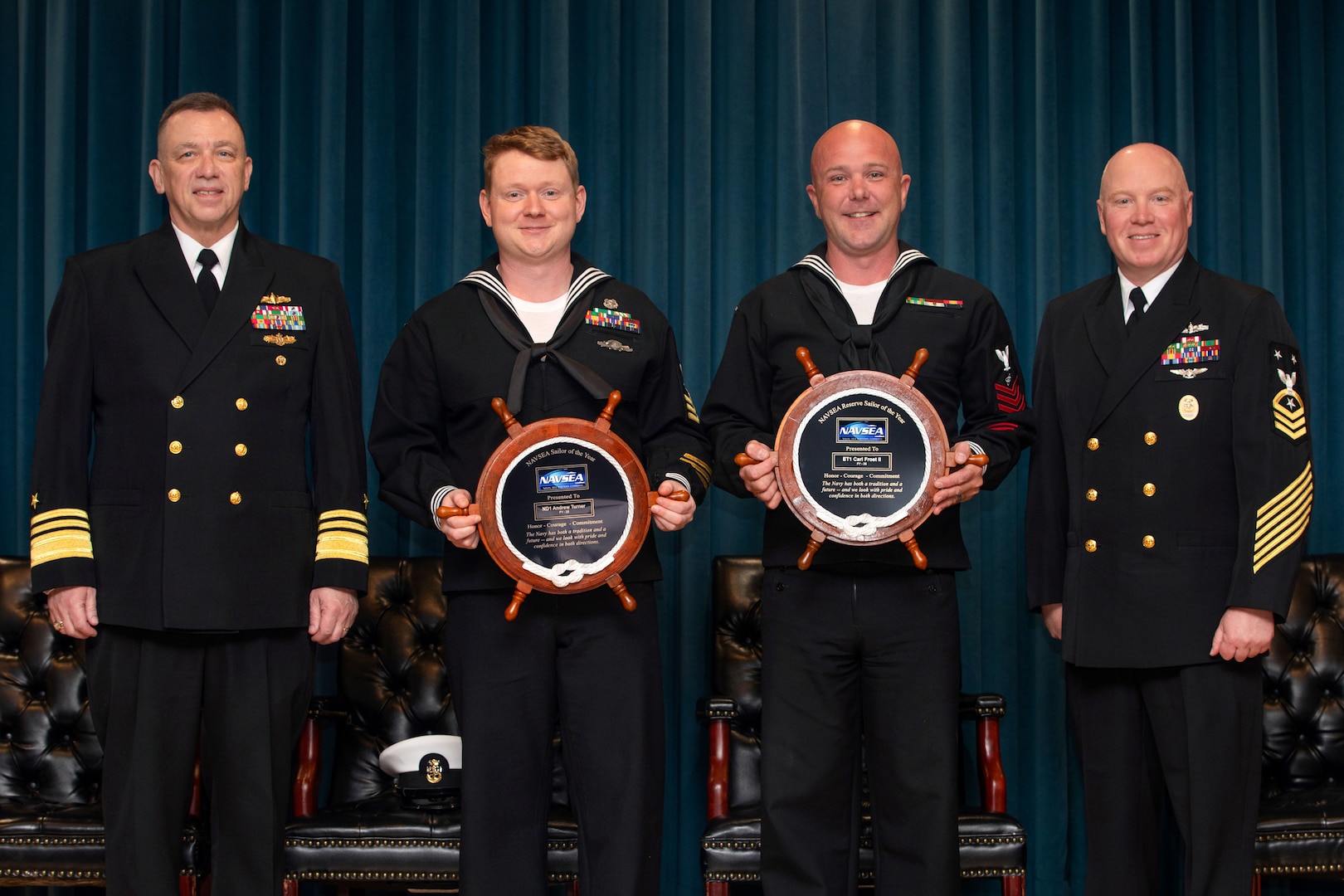 WASHINGTON, DC (April 16, 2026) - Naval Sea Systems Command (NAVSEA) 2025 Sailor of the Year (SOY) ceremony was hosted by Vice Admiral Jim Downey, Commander, NAVSEA, and held in the auditorium at the Washington Navy Yard. ND1 Andrew Turner, Naval Undersea Warfare Center, Keyport, was the active duty winner, and ET1 Carl Frost II, Surgemain Norfolk Naval Shipyard, Raleigh, was the reservist winner. Congratulations to all the finalists. (U.S. Navy photo by Laura Lakeway)