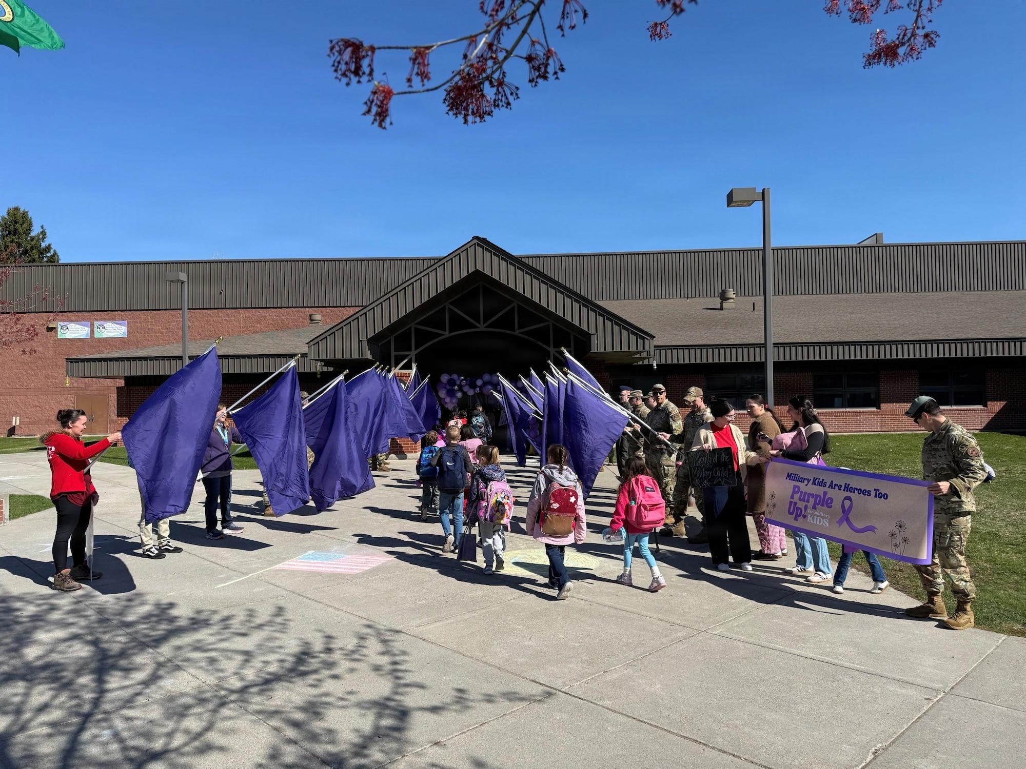 Children walk into school.