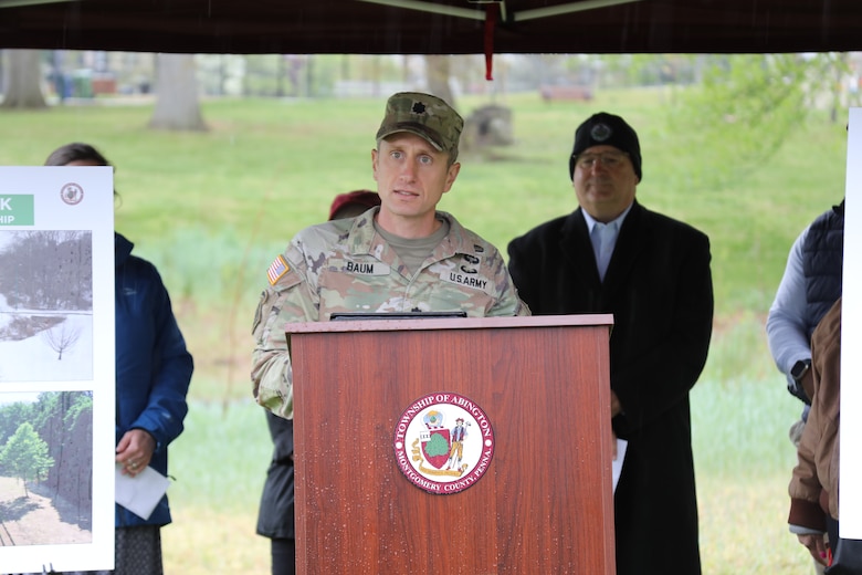 ABINGTON TOWNSHIP, PA - U.S. Army Corps of Engineers District Commander Lt. Colonel Ryan A. Baum shares remarks at a ribbon cutting ceremony at Roychester Park on April 22, 2026.